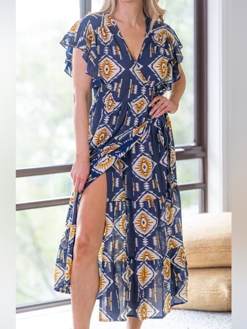 Cienna Orana Cotton Double Frill Wrap Dress Navy Gold